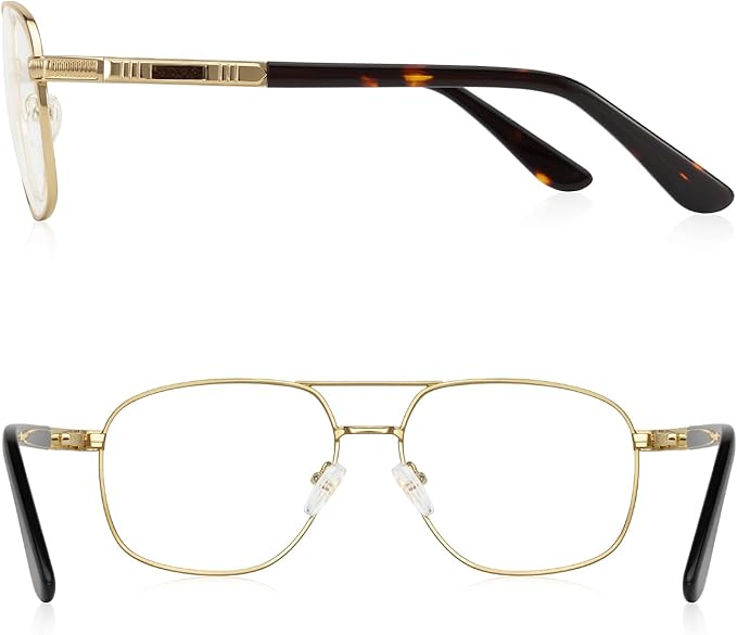 RB. Pilot Reading Glasses for Men Square Double Bridge Light Blocking Computer Readers Spring Hinge Metal Frame Acetate Legs