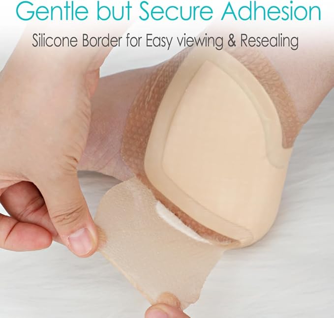 Heel Bordered Silicone Foam Dressing Waterproof Adhesive Sacral Bandages with Absorbent Padding for Elbow Wrist Foot Pressure Bed Sore Hip Knee Replacement Surgery 8.26"x8.26" 2 Pack