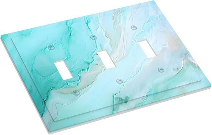 Teal Gold Marbling Turquoise Print Decorative Switch Plates 3 Gang Wall Plate Triple Toggle Light Switch Cover Faceplate Electrical Wall Panels for Bathroom Living Room Home Decor