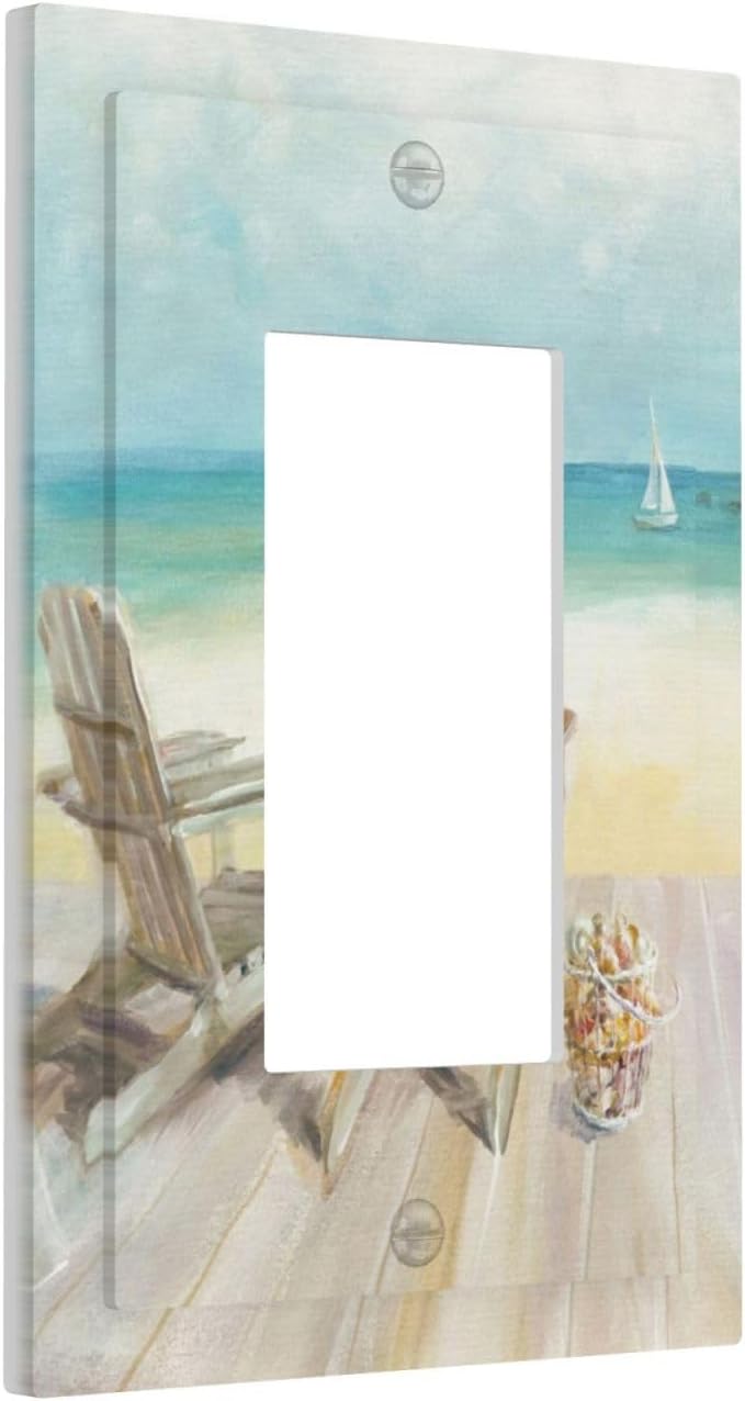 Outlet Covers Beach Chair Seascape Blue Ocean 1 Gang Wall Plate Single Rocker Light Switch Cover Modern Coastal Decorative GFCI Receptacle Cover Electrical Switchplate for Bathroom Bedroom