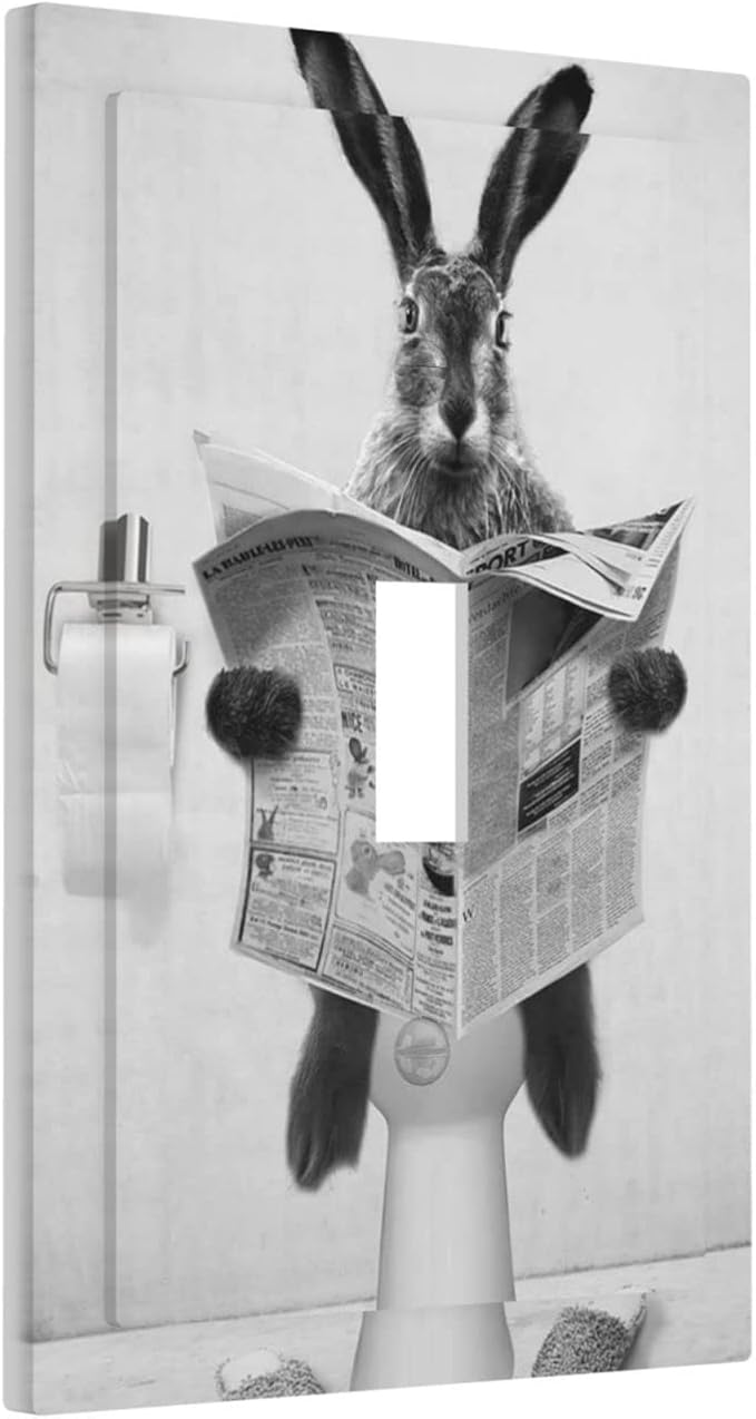 Funny Cute Grey Black Rabbit Reading Newspaper Single Toggle Light Switch Covers Decorative 1 Gang Wall Plates Cover Rustic Retro Western Animals Electrical Device Switchplate for Bathroom