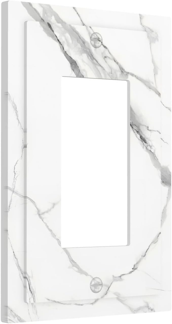 White Marble Abstract Luxurious Print Decorative Outlet Covers 1 Gang Single Rocker Light Switch Cover Plate Wall Plates GFCI Faceplate for Bathroom Kitchen Home Decor