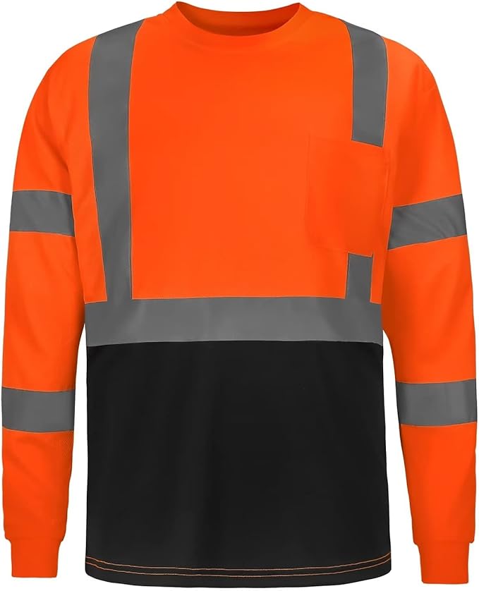 High Visibility Class 3 T Shirts，Hi Vis Safety Shirts with Reflective Strips and Pocket, Long Sleeve Quick Dry Mesh Construction Work Shirt for Men/Women Black Bottom Orange,5XL