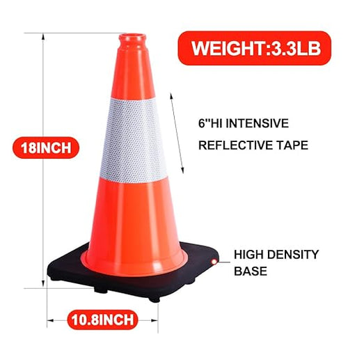 (5 Cones) BESEA 18" inch Orange PVC Cones Traffic Safety Cones Black Base Construction Road Parking Cone with 6" Reflective Collar