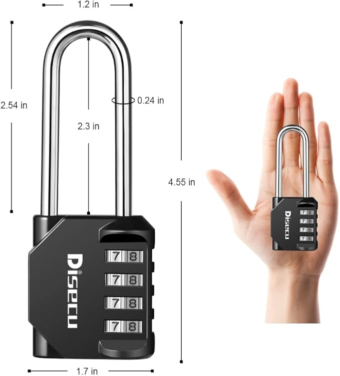 1 Pack disecu 4 Digit Combination Lock, 2.6 Inch Long Shackle Outdoor Waterproof Padlock with Heavy Duty Steel Cable for Bike, Gate, Fence (Black)