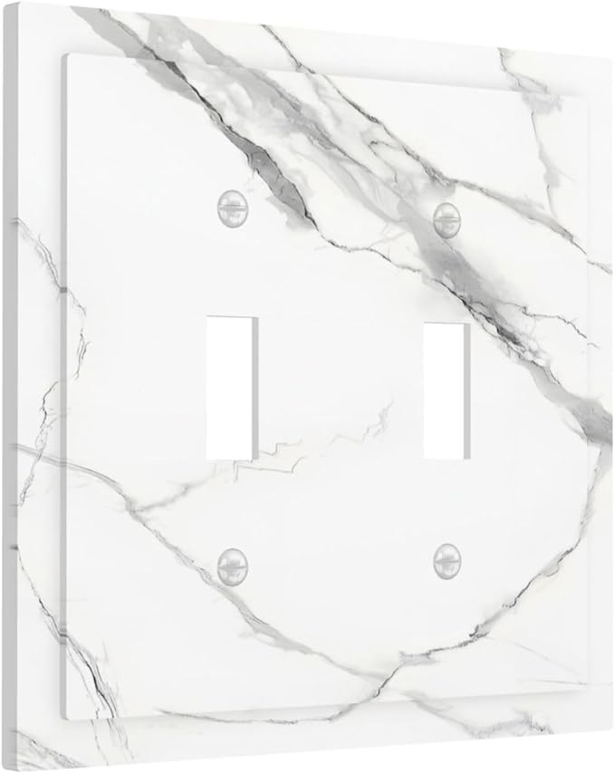 White Marble Abstract Luxurious Print Decorative Switch Plates 2 Gang Double Toggle Outlet Light Switch Cover Wall Plate Electrical Faceplate for Bathroom Kitchen Home Decor