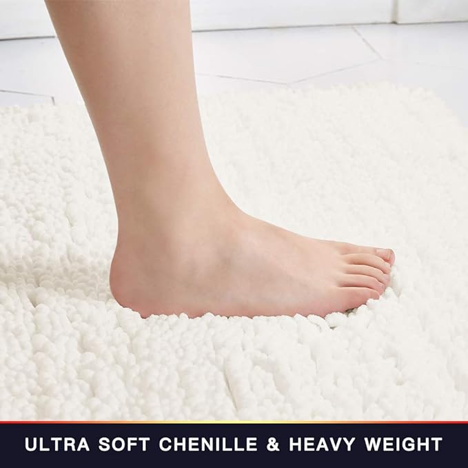 Walensee Bathroom Rug 2 Pieces Set Non Slip Bath Mat (20"x32" Plus 20"x24" U Ivory) Water Absorbent Super Soft Shaggy Chenille Machine Washable Dry Extra Thick Perfect Carpet for Shower Floor