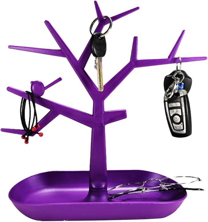Tabletop Key Holder Stand Tree Key Rack,Stand Jewelry Display Necklace Ring Earring Holder Rack,Jewelry Organizer Tray Home Decor for Home Entryway (Purple)