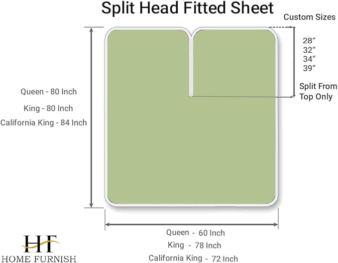 Top Split King Fitted Sheet Only for Adjustable beds, Split Down 28 inches from The Top, 600 Thread Count 100% Cotton Half Split Flex Head Fitted Sheet for Sleep Number Beds, Sage