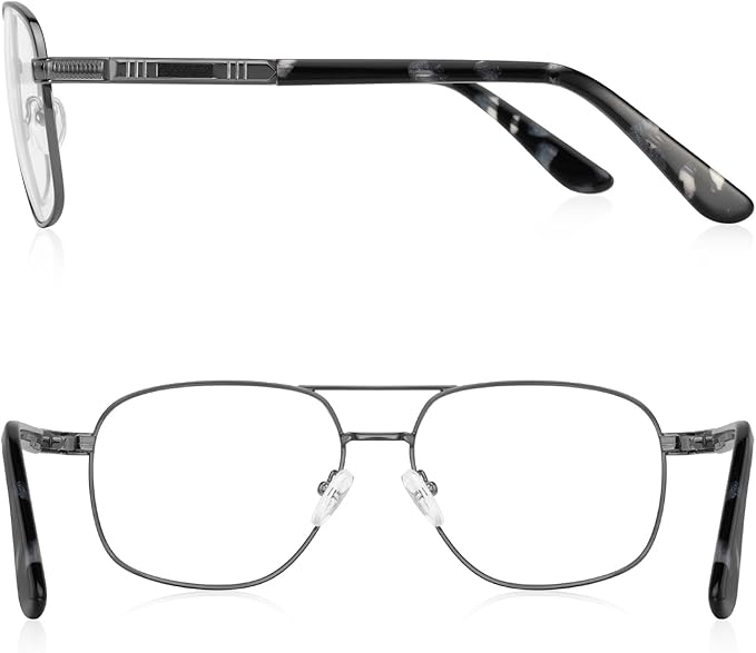 RB. Pilot Reading Glasses for Men Square Double Bridge Light Blocking Computer Readers Spring Hinge Metal Frame Acetate Legs