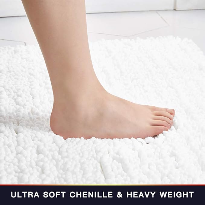 Walensee Bathroom Rug Non Slip Bath Mat (24x17 Inch White) Water Absorbent Super Soft Shaggy Chenille Machine Washable Dry Extra Thick Perfect Absorbant Best Small Plush Carpet for Shower Floor
