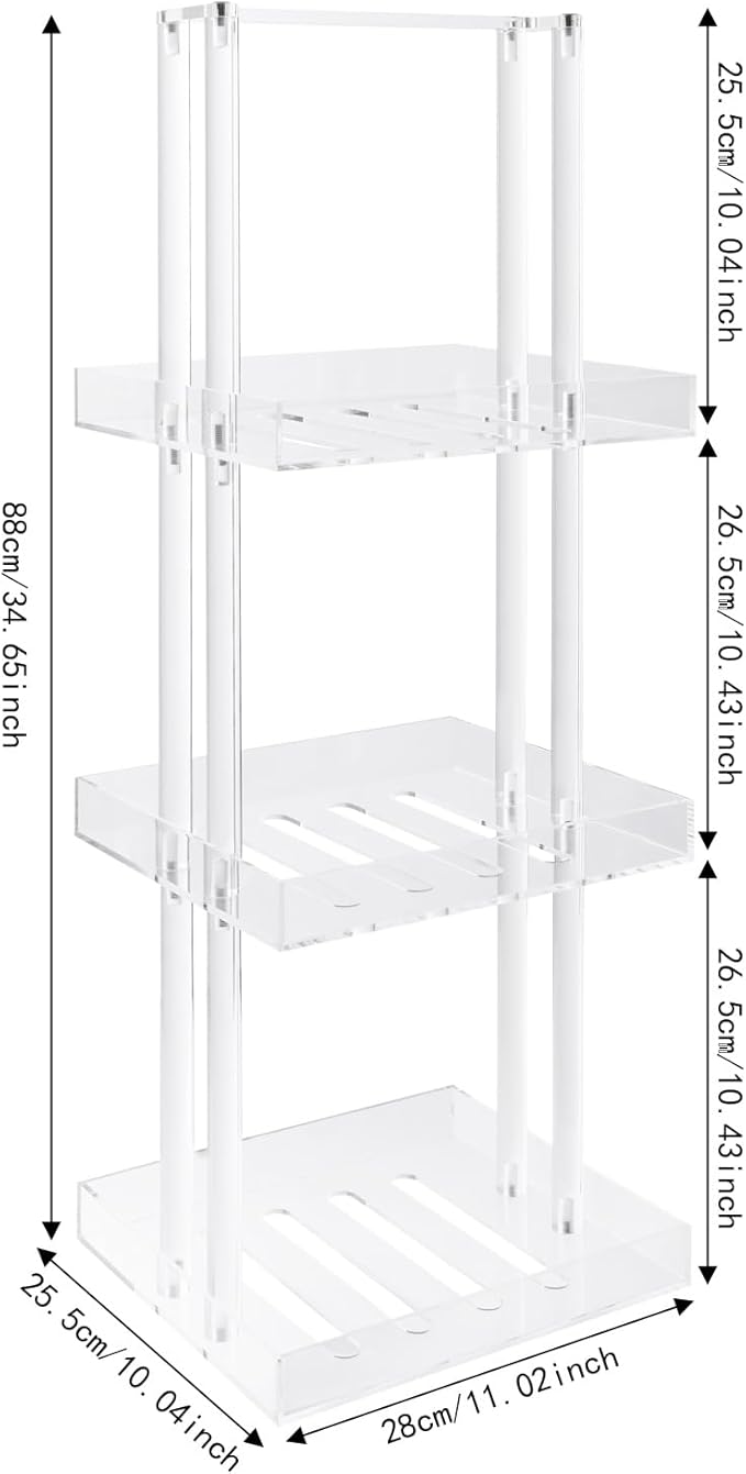 Standing Corner Shower Caddy, 3 Tier Acrylic Shower Shelves Minimalist Shower Organizer for Bathroom Small Space 11'' L X 10'' W X 34.6'' H