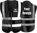 YOWESHOP High Visibility Safety Vest Custom Your Logo Protective Workwear 5 Pockets With Reflective Strips Outdoor Work Vest (Black (4XL))