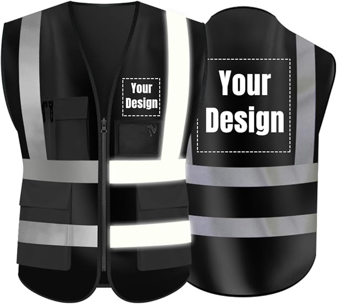 YOWESHOP High Visibility Safety Vest Custom Your Logo Protective Workwear 5 Pockets With Reflective Strips Outdoor Work Vest (Black (XL))
