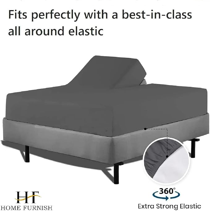 HOME-FURNISH Half Split Queen Fitted Sheet for Adjustable beds, 1 PC Top Only Down 28 inches from The Top, 600 Thread Count 100percent Cotton Queen, Dark Grey Solid