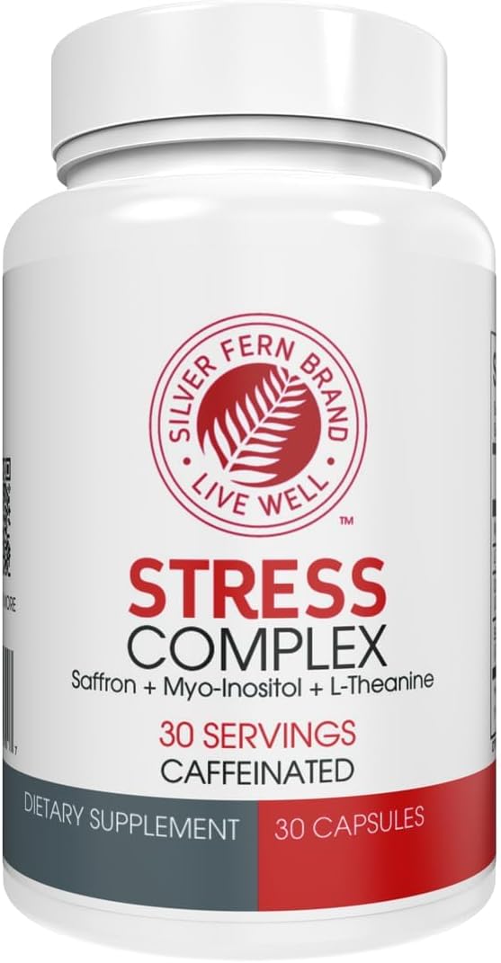 Silver Fern Stress Complex Supplement - with Caffeine - Sleep, Worry, Mood & More - with Saffron Supplements, L-Theanine Supplement, and Myo-inositol - Natural Stress Relief Supplements - 30 Servings