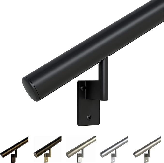 Promenaid 3ft Flush Handrail Kit - Satin Black - Complete Indoor/Outdoor Handrail for Stairs - 1.6" Round Anodized Aluminum Railing - 2 Satin Black Painted Pivoting Wall Brackets & Flush Endcaps