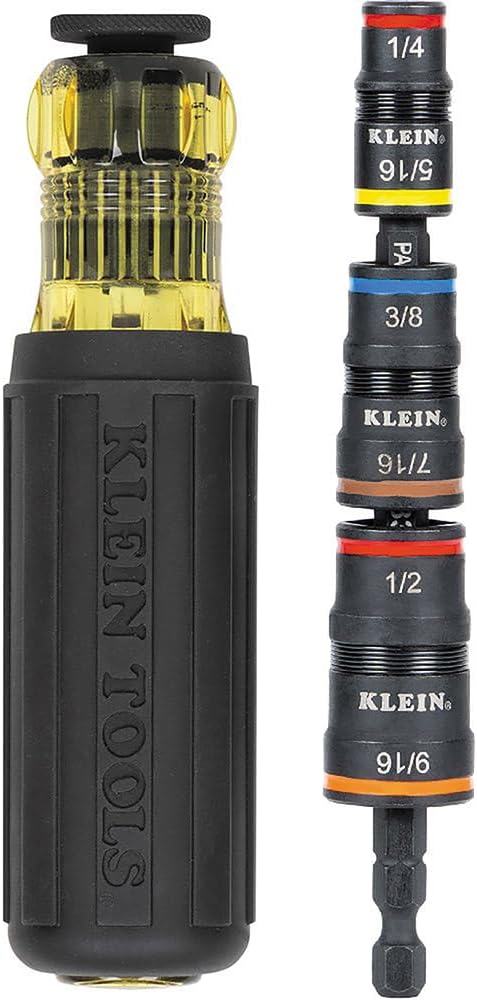 Klein Tools 32910 Impact Driver, 7-in-1 SAE Impact Socket Set with Handle, Flip Socket with 1/4, 5/16, 3/8, 7/16, 1/2 and 9/16-Inch Nut Driver Sizes and 1/4-Inch Bit Holder