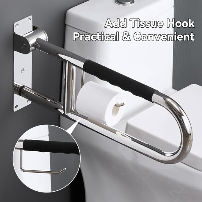 Toilet Grab Bar 23.6 Inch, BVTOURA Flip-Up Safety Rail with Soft Silicone Anti-Slip Finger-Grip Handle and Paper Holder, Stainless Steel U-Shaped Support Bar for Elderly Disabled, Polished Chrome
