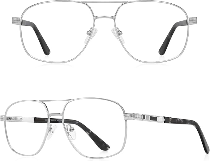 RB. Pilot Reading Glasses for Men Square Double Bridge Light Blocking Computer Readers Spring Hinge Metal Frame Acetate Legs