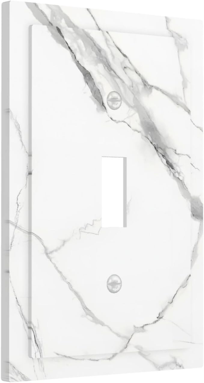 White Marble Abstract Luxurious Print Decorative Light Switch Cover 1 Gang Single Toggle Device Electrical Faceplate Switchplates Decorator Outlet Wall Plate for Bathroom Kitchen Home Decor