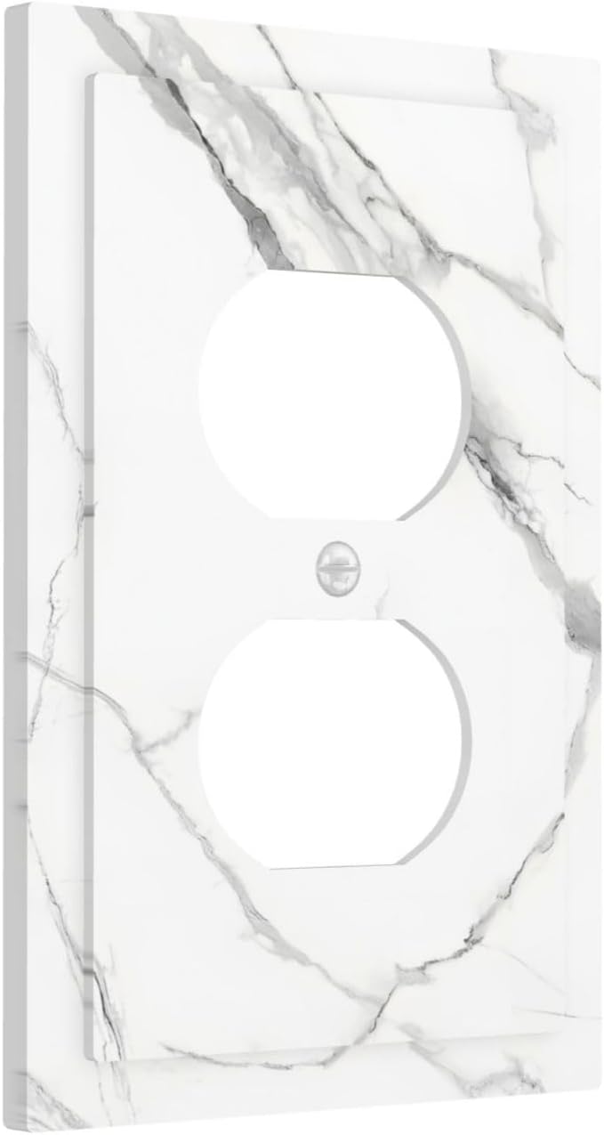 White Marble Abstract Luxurious Print Outlet Covers 1 Gang Duplex Light Switch Cover Decorative Switch Plates Electrical Receptacle Faceplate Wall Plate for Bathroom Kitchen Home Decor