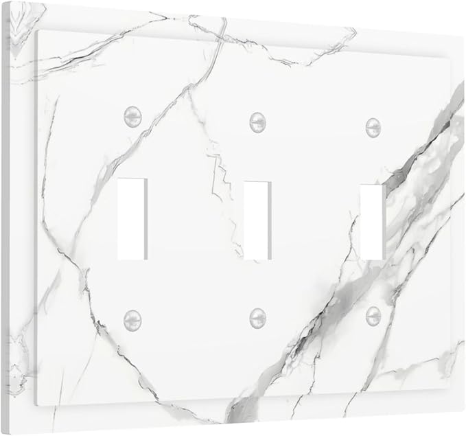 White Marble Abstract Luxurious Print Decorative Switch Plates 3 Gang Wall Plate Triple Toggle Light Switch Cover Faceplate Electrical Wall Panels for Bathroom Kitchen Home Decor