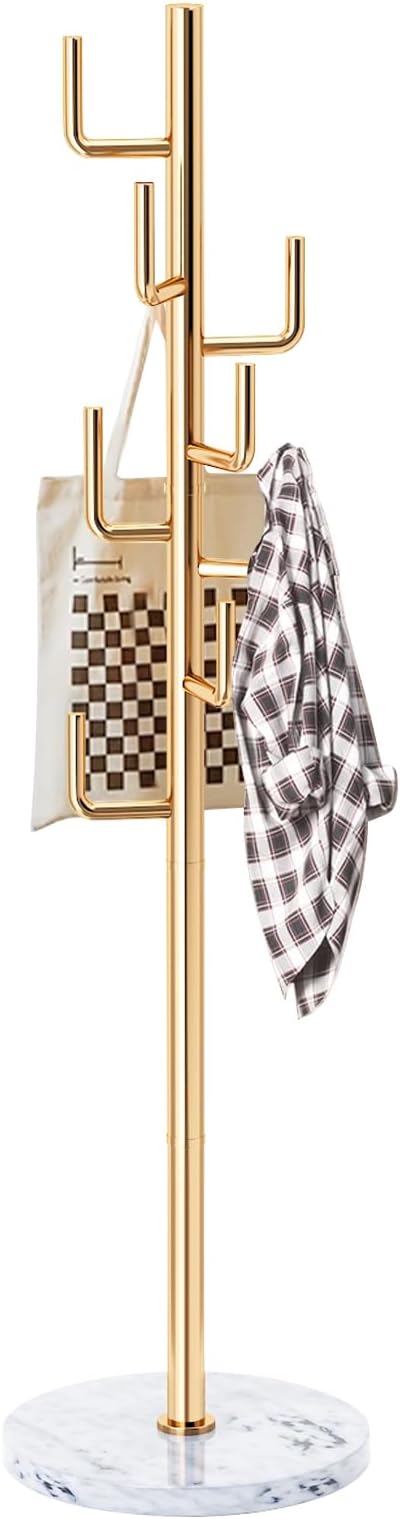 Modern Metal Coat Rack Stand with Natural Marble Base, Heavy Duty Coat Rack Freestanding with 8 Hooks, Golden Cactus Standing Coat Racks for Bag, Jacket, Entryway Office (Golden Cactus)