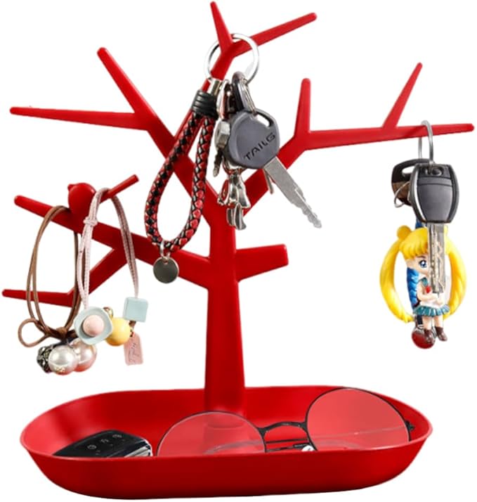 Tabletop Key Holder Stand Tree Key Rack,Stand Jewelry Display Necklace Ring Earring Holder Rack,Jewelry Organizer Tray Home Decor for Home Entryway (Red)