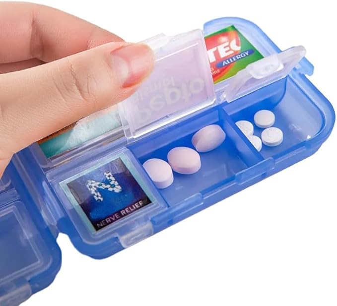 Large Pill Organizer with Medicine Labels - 7 Day Travel Daily Container, Mini Medication Storage Case (Grey, 161 Labels)