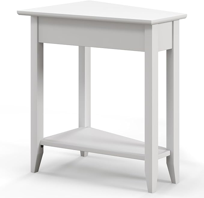 Giantex Wedge End Table White, Triangle Side Table with Storage Shelf and Solid Wood Legs, Recliner Table, 24.5" Tall Nightstand, Modern Narrow Accent Table for Small Space Living Room