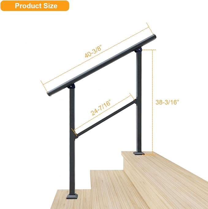 DIYHD 3 Step Handrail for Outdoor,Powder Coated Iron Stair Railing,Black Hand Rails for Indoor, Porch,Deck,2 Pack