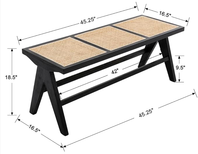 Farmhouse Rattan Entryway Bench, Wood Cane Dining Bench Long Seat with Footrest, Wicker End of Bed Storage Bench for Bedroom Living Room Dining Room Hallway, Black
