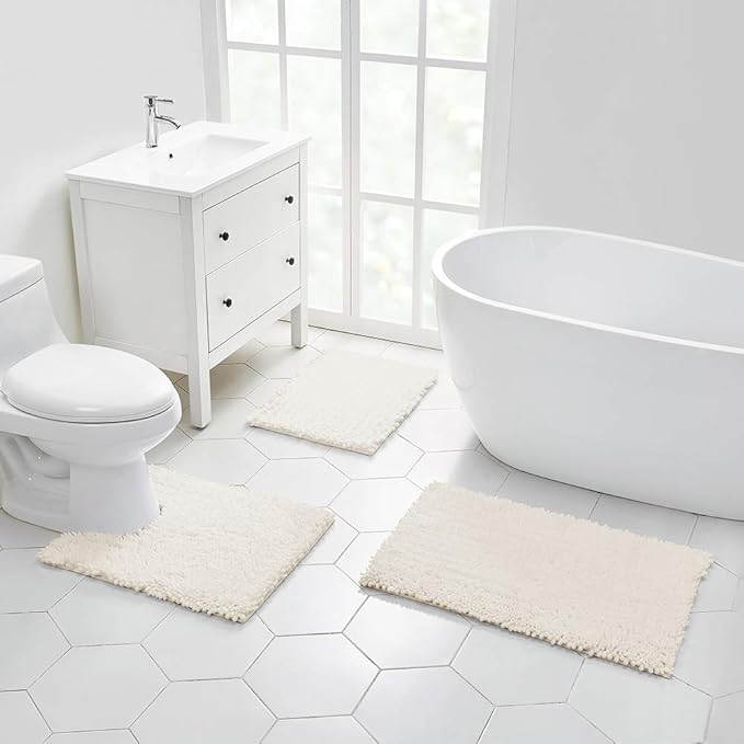 Walensee Bathroom Rug 2 Pieces Set Non Slip Bath Mat (17x24 Plus 20x32 Inch Ivory) Water Absorbent Super Soft Shaggy Chenille Machine Washable Dry Extra Thick Perfect Carpet for Shower Floor