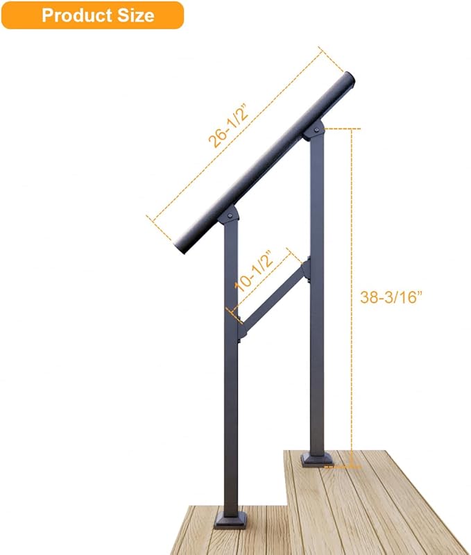 DIYHD 2 Step Handrail for Outdoor,Powder Coated Iron Stair Railing,Black Hand Rails for Indoor, Porch,Deck,2 Pack