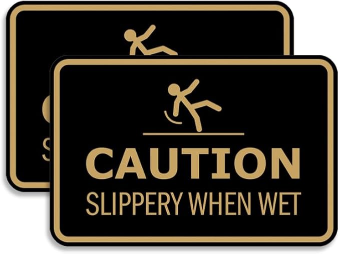 Signs ByLITA Classic Framed Caution: Slippery When Wet Door or Wall Sign Easy Installation | Health And Safety | Building And Warning Sign (Black/Gold) - Small 2 Pack
