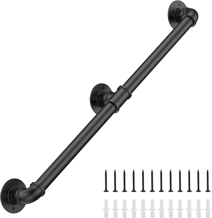 7FT Industrial Stair Railing Wall Mount Staircase Handrail φ1.3 Pipe Hand Rail for Steps Grab Bar Foot Rail Vintage Pipe Railing Black Deck Handrail for Outdoor Indoor Stairs Porch