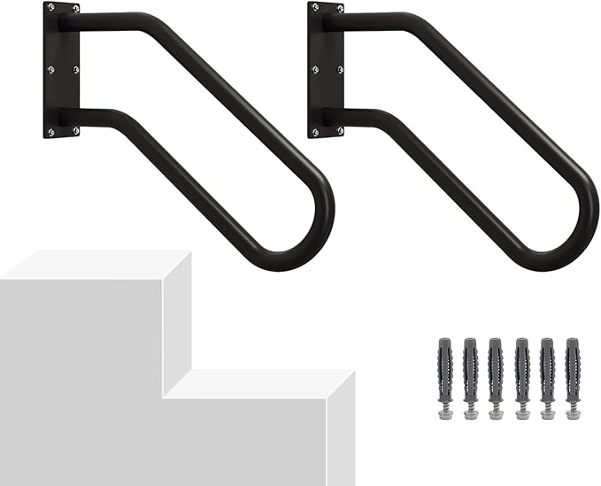 Hand Rails for Outdoor 1-2 Steps, Indoor Stairs, Bathroom, Wall Mount Non-Slip U-Shape Stair Hand Railing Black 2 Packs