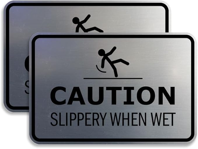 Signs ByLITA Classic Framed Caution: Slippery When Wet Door or Wall Sign Easy Installation | Health And Safety | Building And Warning Sign (Brushed Silver) - Medium 2 Pack