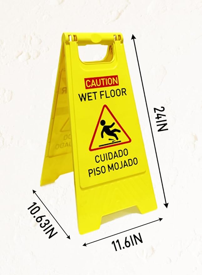 1-Pack Caution wet floor sign, 24 in. (approx. 60 cm) Height,Bright Yellow Double-Sided Folding A-Shaped Frame Design, Bilingual Caution Message