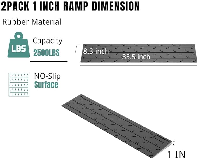 BESEA 1" inch Threshold Ramp Rubber Wheelchair Ramp, No-Slip Surface 2500 Lbs Load Capacity for Home Doorways Driveways Curb(2PACK)