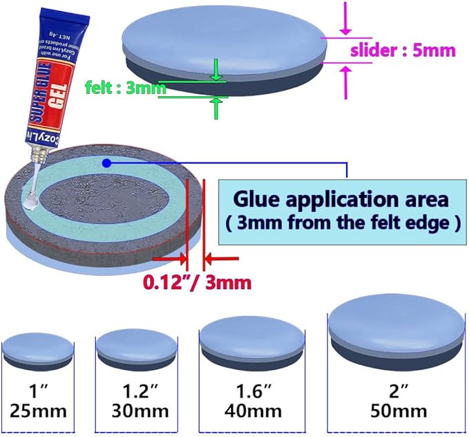 No Lost Pads! Chair Leg Glides (Felt Base) for Thick, Thin & Plush Rugs – Easy Glide, No Wrinkles, Chair Feet, Not Adhesive Backing | 50mm (2") Round, 8 Pcs