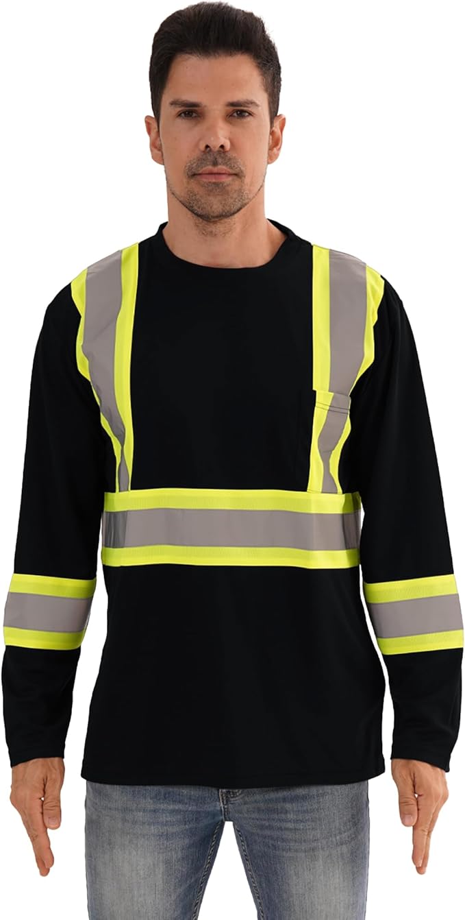 Hi Vis Safety Long Sleeve Shirts，High Visibility Class 3 T Shirts with Reflective Strips and Pocket, Quick Dry Mesh Construction Work Shirt for Men/Women (Black,2XL)