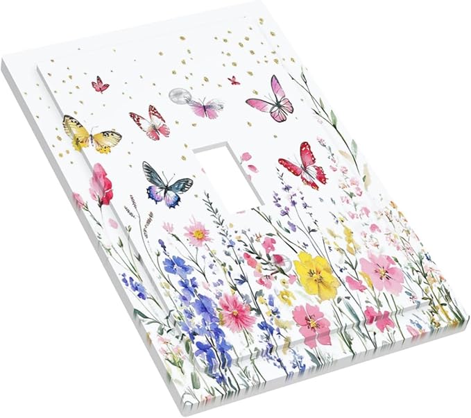 Decorative Light Switch Cover Watercolor Floral Butterfly Colorful Wildflower 1 Gang Single Toggle Device Electrical Faceplate Switchplates Decorator Outlet Wall Plate For Bed Room Decor