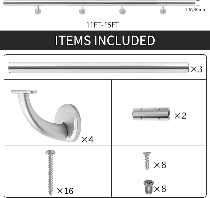 13FT Modern Aluminum Handrail Set, handrails for Indoor Stairs,Deck,Slope, Wall Mounted Staircase handrails, Zink Alloy Brackets Included,Rust Free. (Anodized Silver, 13 FT)