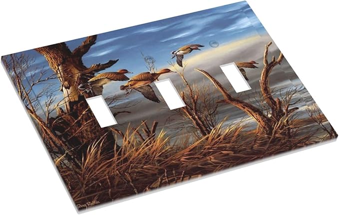 Hunting Flying Wild Ducks Triple Toggle Light Switch Cover Plate Decorative 3 Gang Wall Plate Cover Fall Lakeside Reed Wildlife Animal Mallard 3 Hole Device Electrical Switchplate for Bathroom