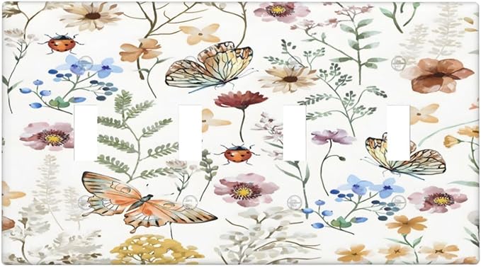 Boho Multicolor Flower Butterfly Insect Floral Light Switch Covers Quad Toggle Electrical Faceplate 4 Gang Wall Plate Decorative Switch Plates Cover for Bedroom Living Room Decor