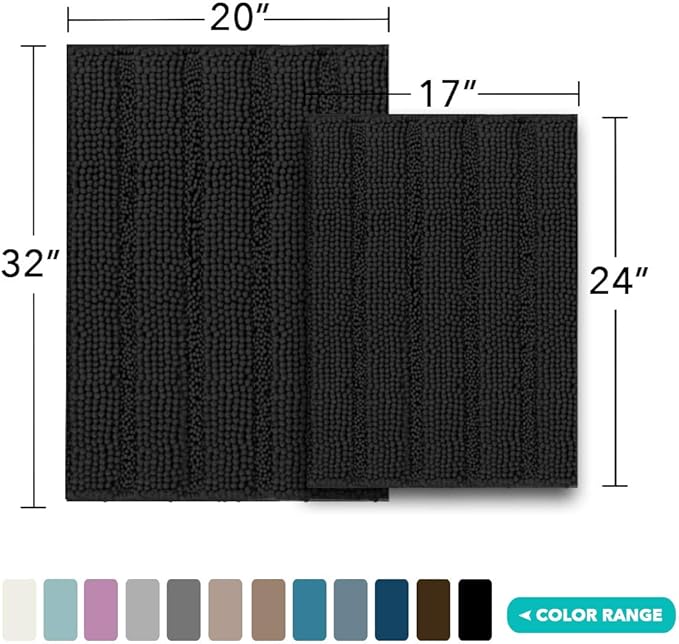Turquoize Chenille Bathroom Rugs Set - Non-Slip Bath Mats, Extra Soft and Absorbent Shaggy Mats for Floor, Indoor Mat for Kitchen/Entryway (20" x 32" and 17" x 24"), Black