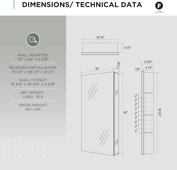 Fine Fixtures Bathroom Medicine Cabinet, Aluminum, Recessed/Surface Mount, Right/Left Hinged, Mirrored Interior (20 x 40)
