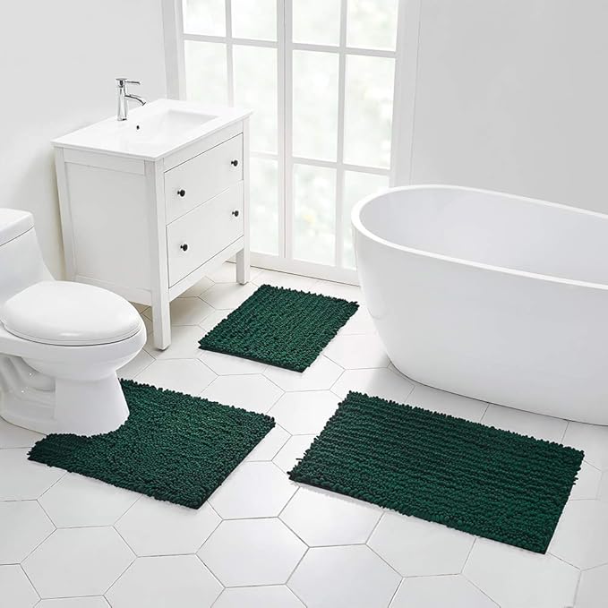 Walensee Bathroom Rug 2 Pieces Set Non Slip Bath Mat (17x24 Plus 20x32 Inch Hunter Green) Water Absorbent Super Soft Shaggy Chenille Machine Washable Dry Extra Thick Perfect Carpet for Shower Floor